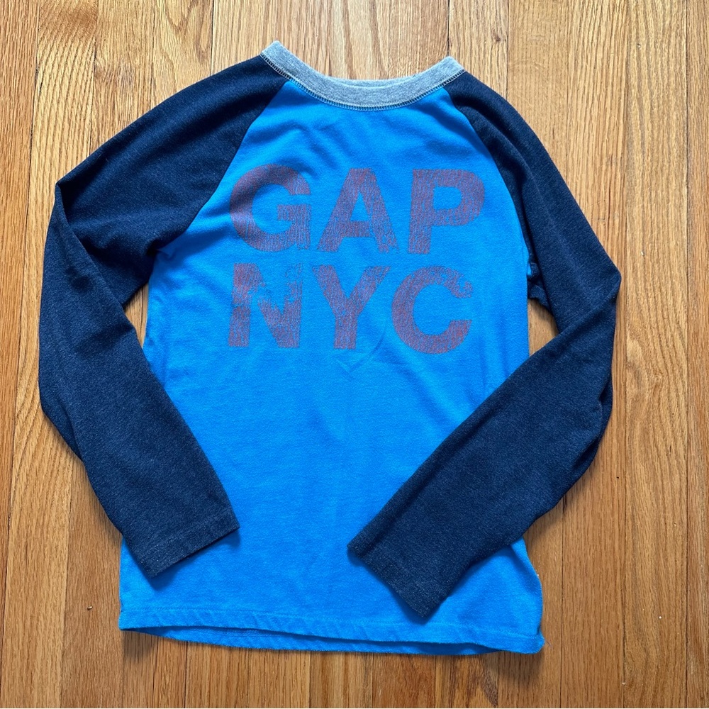 Gap Kids Boys NYC Graphic Raglan Long Sleeve Shirt Blue Large 10